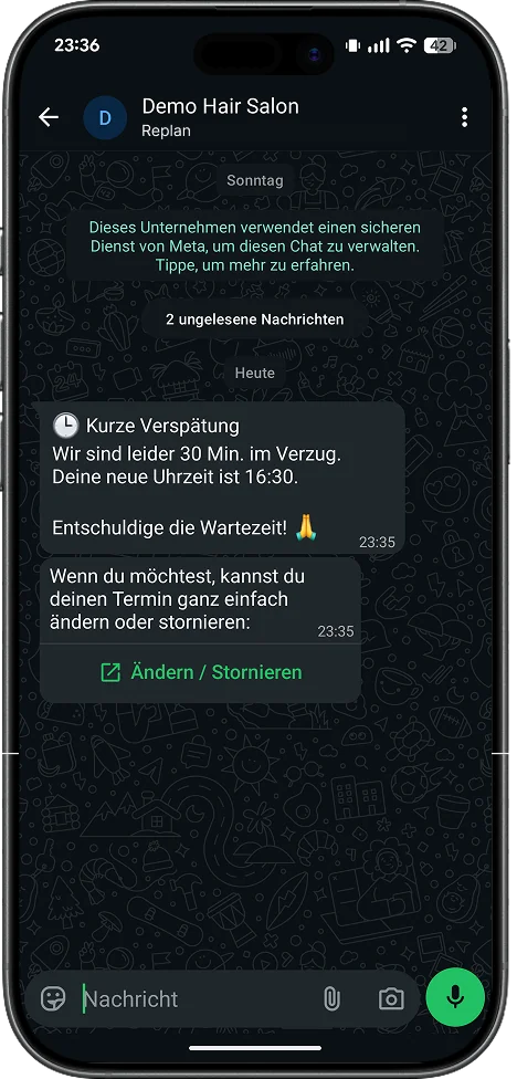 Verspätungs-Benachrichtigung, die der Kunde in WhatsApp erhält