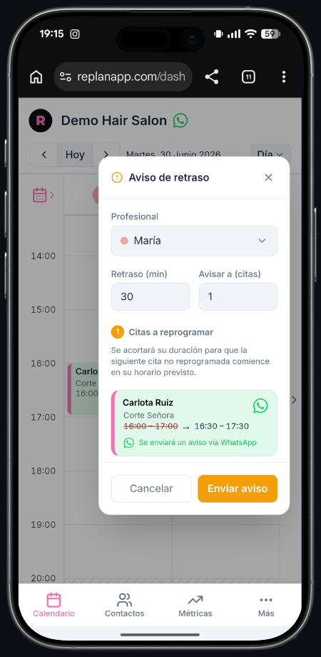 Replan-Bildschirm zum Senden eines Verspätungshinweises per WhatsApp aus dem Kalender