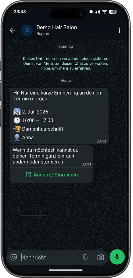 WhatsApp-Terminerinnerung mit Datum, Uhrzeit, Leistung und Option zum Ändern oder Stornieren