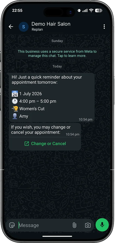 WhatsApp appointment reminder showing date, time, service and options to change or cancel