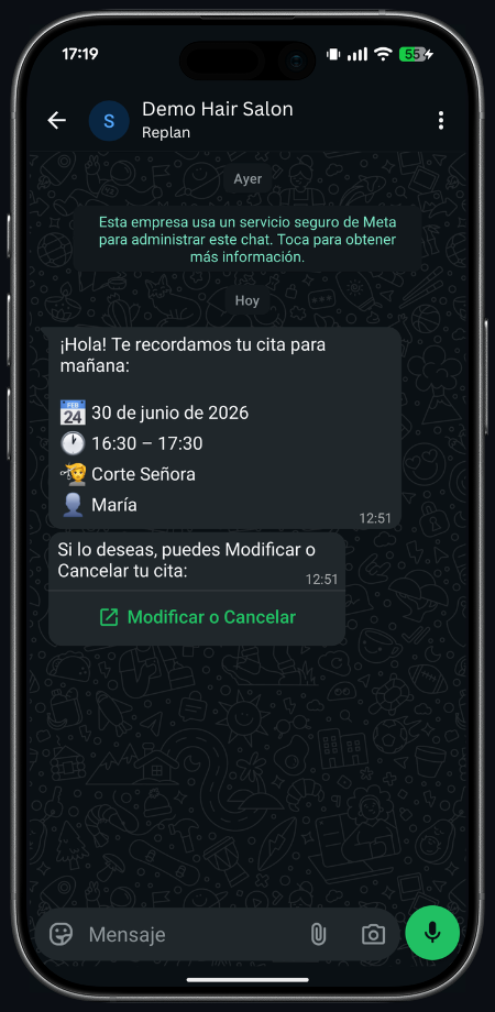 WhatsApp-Terminerinnerung mit Datum, Uhrzeit, Service und Option zum Ändern oder Stornieren